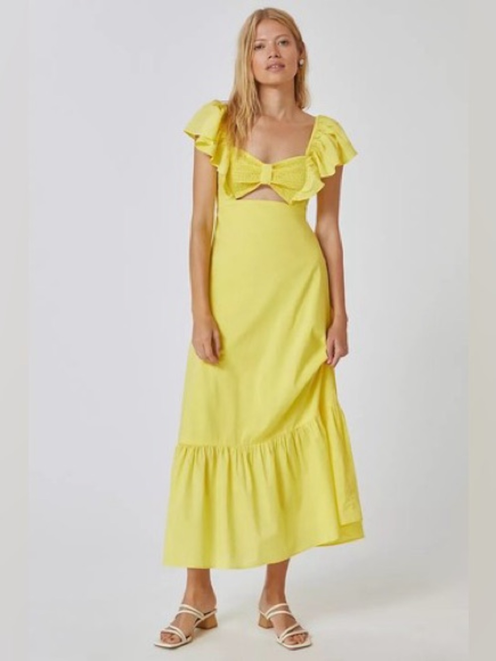 FARM Rio x Anthropologie Yellow Bow-Front Ruffle Maxi Dress
